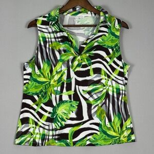 Stella + Ginger Top Women Large Green Zebra Tropical Sleeveless Excellent V-Neck
